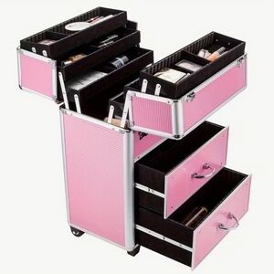 Professional 4-Tier Lockable Rolling Cosmetic Train Extendable Trays, 2-Drawer 🔖